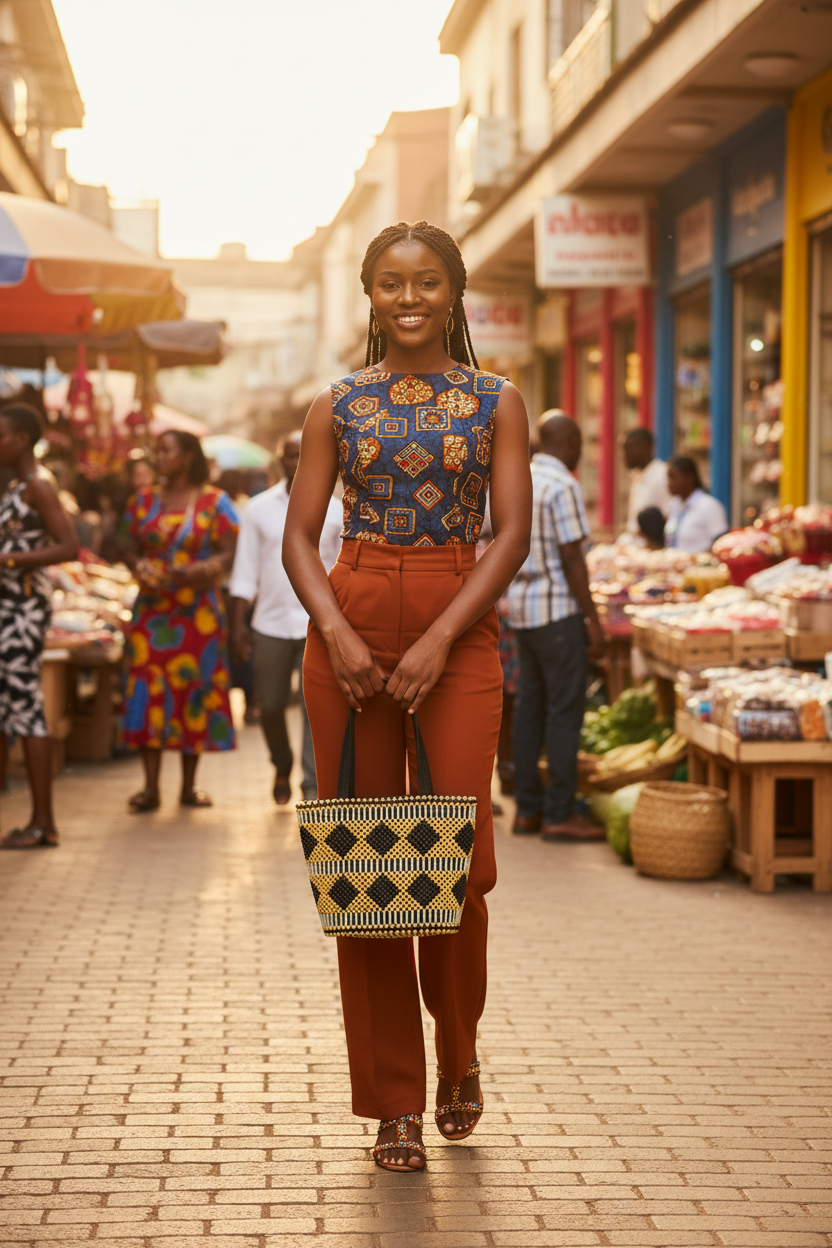 Stylish woman shopping with Kitenge handcrafted bucket bag