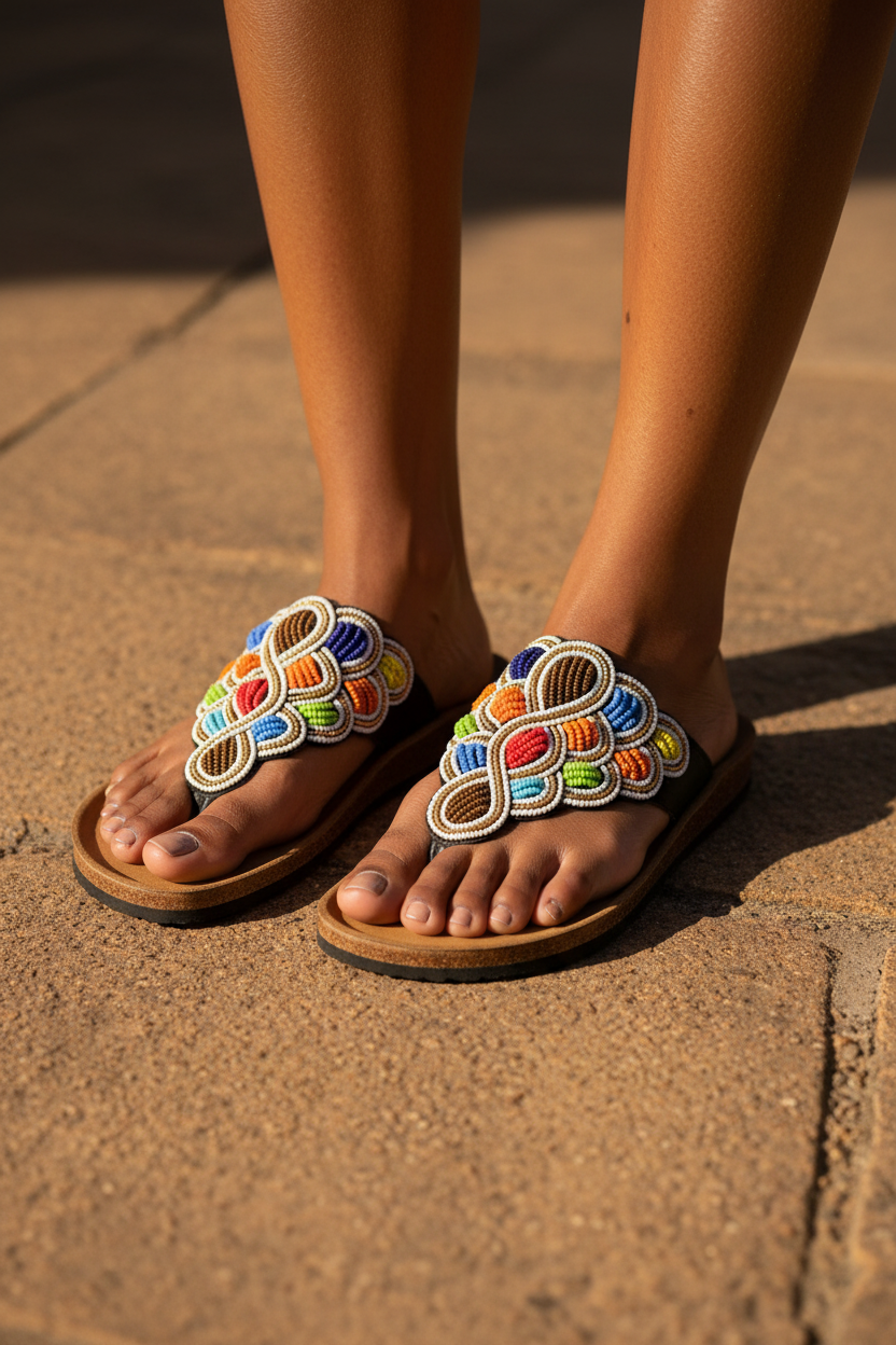 Woman wearing Massai Beaded Sandals with vibrant multicolor Maasai beadwork